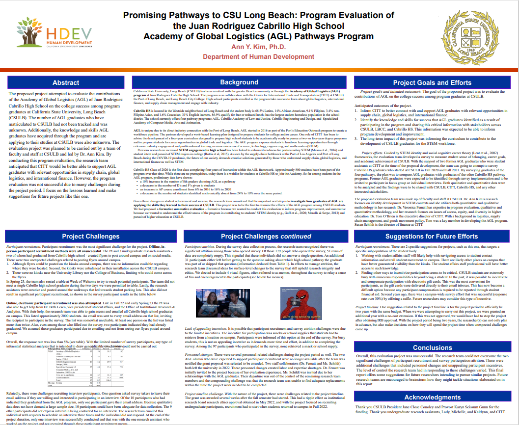 Presentation Poster of Promising Pathways to : Program Evaluation of the Juan Rodriguez Cabrillo High School Academy of Global Logistics (AGL) Pathways Program