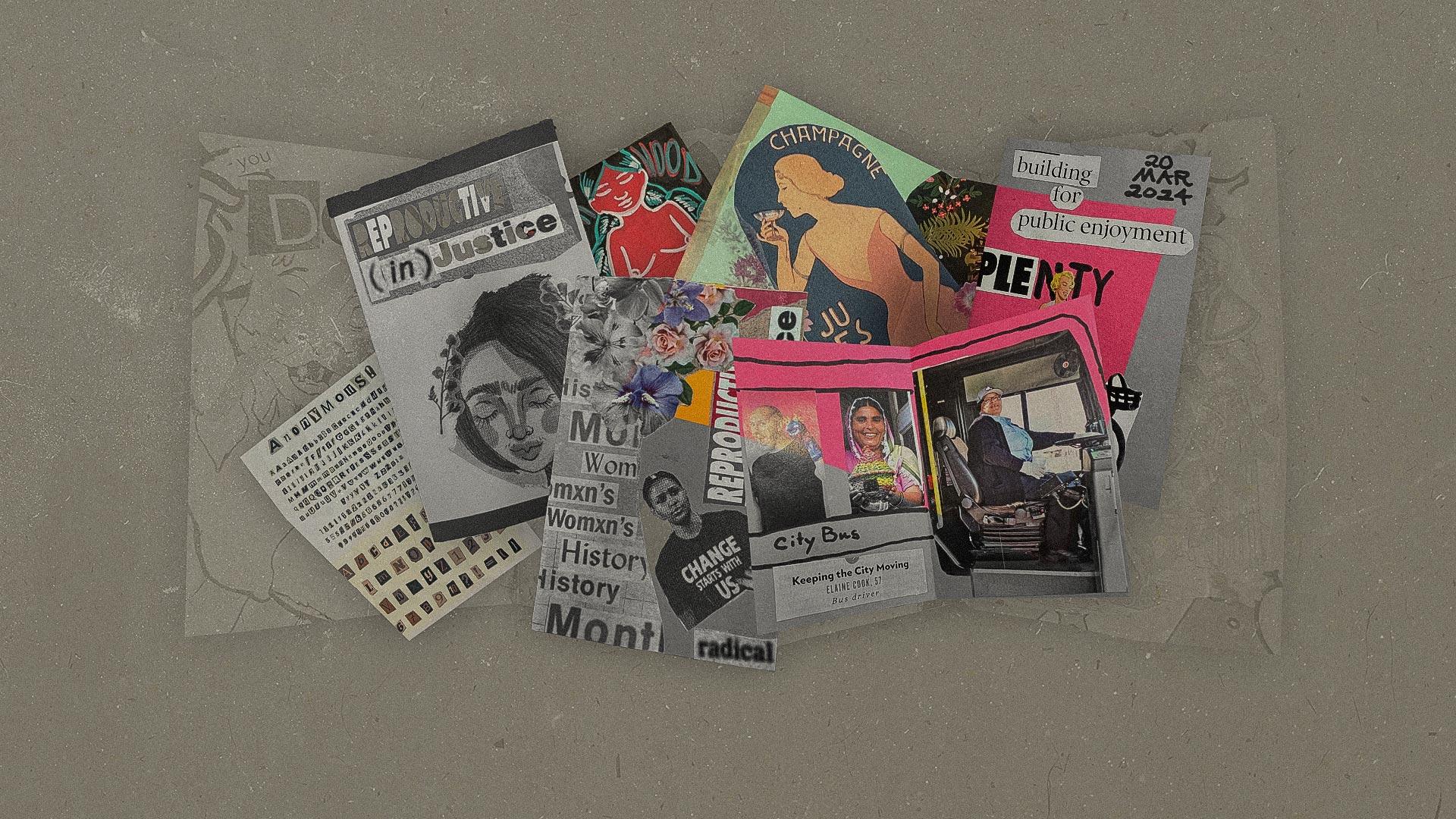 Banner collage of zines made by students in honor of Women's History Month
